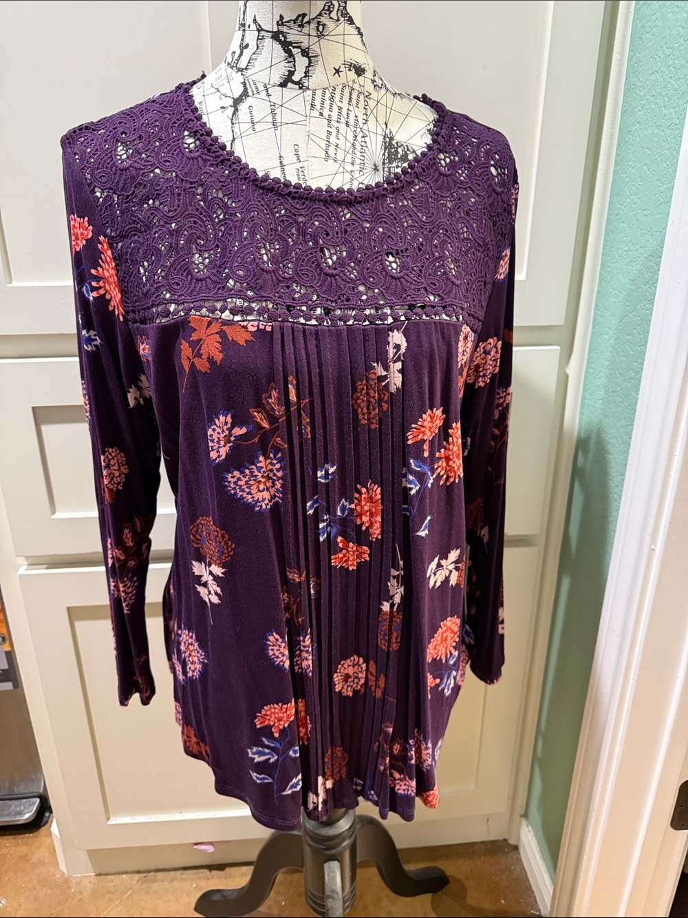 Daniel Rainn Plum Floral Crochet Yoke Long Sleeve Top